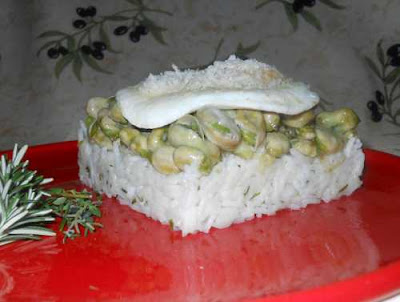 Emplatado de las Habitas fritas sobre arroz de monte con huevo plancha.